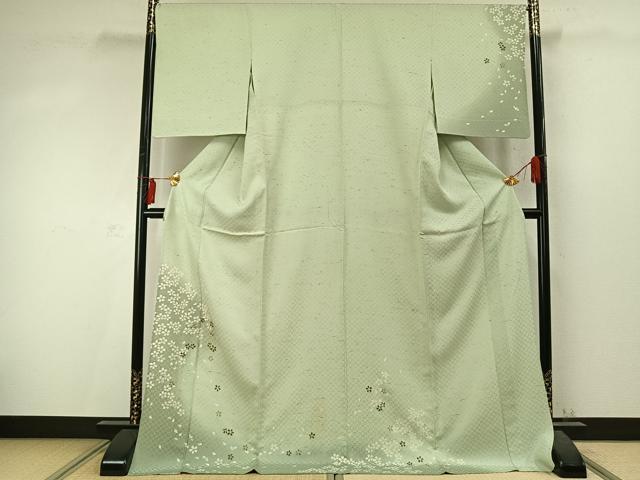 平和屋着物▽訪問着　単衣　花織　紬地　舞桜文　暈し染め　銀彩　ロング丈　正絹　逸品　AABD0107fy