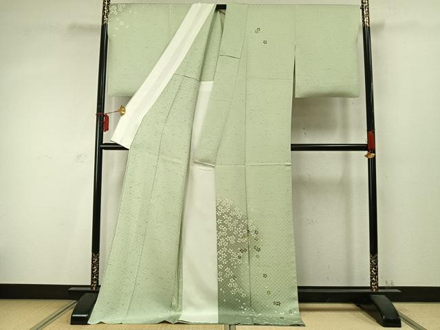 平和屋着物▽訪問着　単衣　花織　紬地　舞桜文　暈し染め　銀彩　ロング丈　正絹　逸品　AABD0107fy_1
