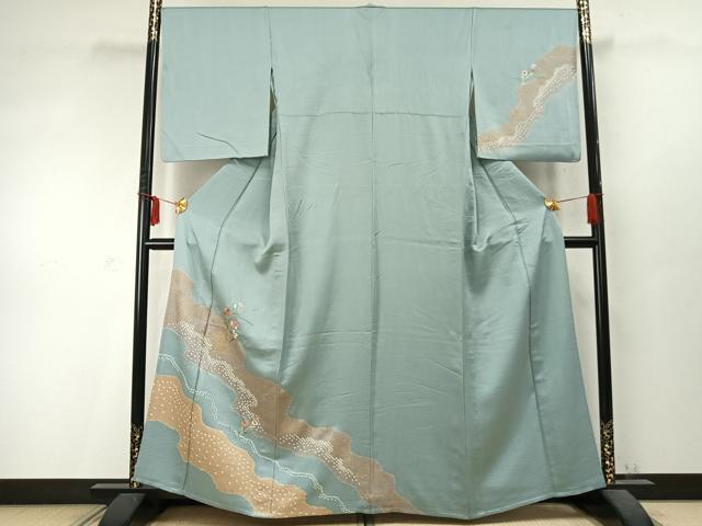 平和屋着物▽訪問着　単衣　絞り　刺繍　草花文　金糸　金彩　正絹　逸品　AABD0116fy