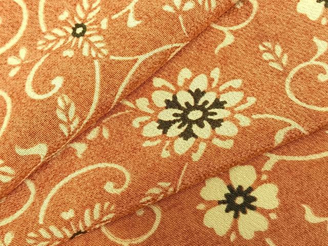 平和屋着物▽上質な小紋　単衣　型染め　花唐草文　鬼しぼ縮緬　正絹　逸品　未使用　AABD0155fy