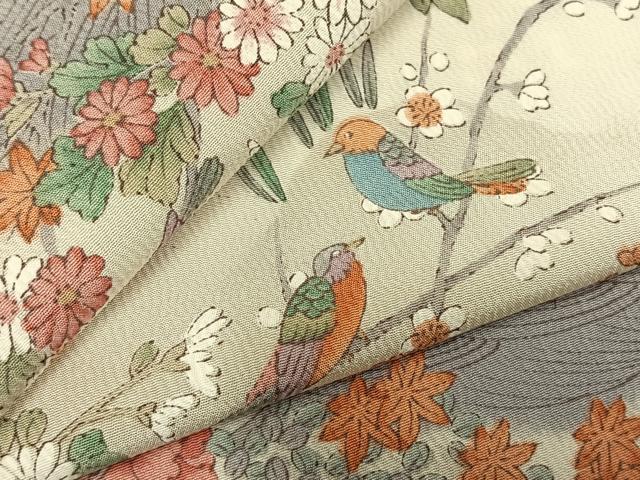 平和屋着物▽上質な小紋　単衣　風景花鳥文　鬼しぼ縮緬　正絹　逸品　AABD0178fy