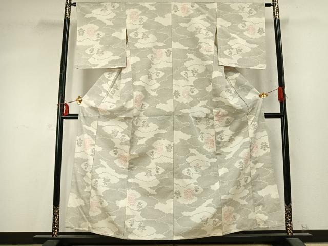 平和屋着物▽本塩沢 単衣 雲取り花文 正絹 逸品 未使用
