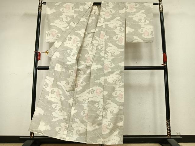 平和屋着物▽本塩沢 単衣 雲取り花文 正絹 逸品 未使用