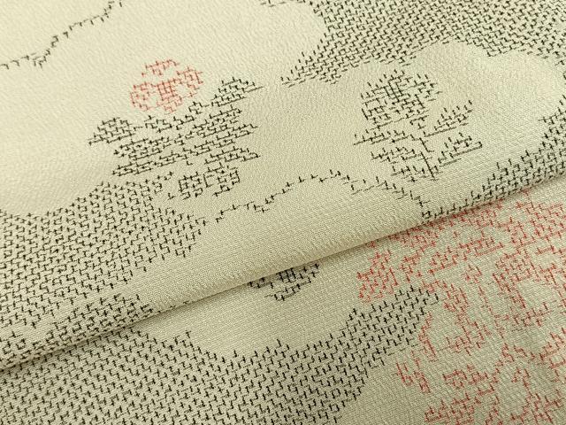 平和屋着物▽本塩沢　単衣　雲取り花文　正絹　逸品　未使用　AABD0187fy 平和屋着物▽本塩沢 単衣 雲取り花文 正絹 逸品 未使用