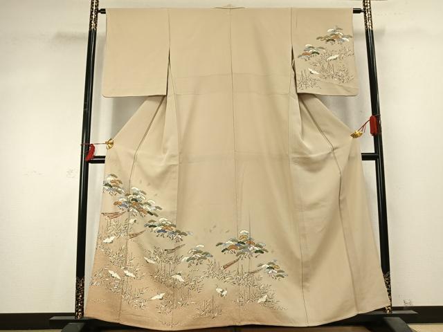 平和屋着物▽訪問着　単衣　飛鶴松文　金糸　金彩　正絹　逸品　AABD0201fy