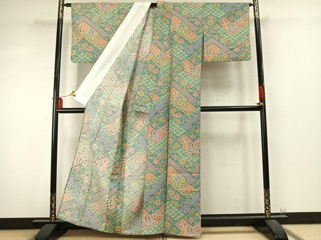 平和屋着物▽小紋 単衣 草花文 洗える着物 AABD0204fy