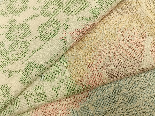 平和屋着物▽本塩沢　単衣　草花文　正絹　逸品　AABD0220fy