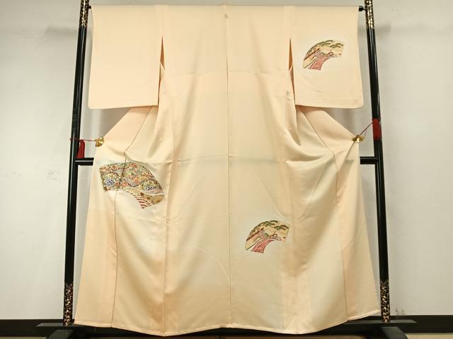 平和屋着物▽訪問着　単衣　刺繍　扇面花鳥文　暈し染め　正絹　逸品　AABD0272fy