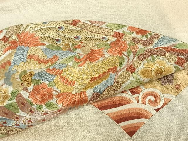 平和屋着物▽訪問着　単衣　刺繍　扇面花鳥文　暈し染め　正絹　逸品　AABD0272fy 平和屋着物▽訪問着 単衣 刺繍 扇面花鳥文 暈し染め 正絹