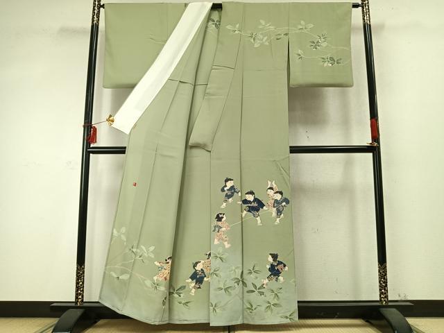 平和屋着物▽十日町友禅作家　関口遼一　訪問着　単衣　浜ちりめん　人物文　暈し染め　ますいわ屋扱い　残布付き　正絹　逸品　AABD0341fy 平和屋着物▽十日町友禅作家 関口遼一 訪問着 単衣 浜ちりめん 人物