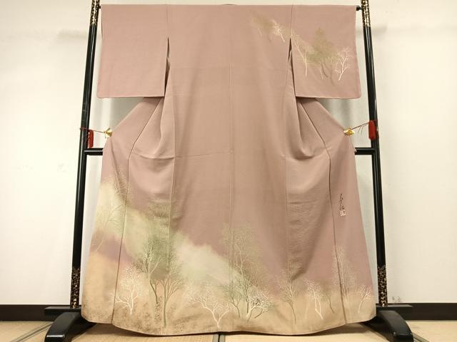 平和屋着物●友禅作家の巨匠　浅井青仁　訪問着　手描き　樹林文　暈し染め　正絹　逸品　AABD0456fy