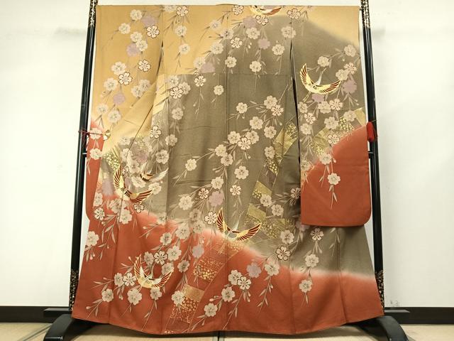 平和屋着物●豪華振袖　花鳥文　暈し染め　金彩　正絹　逸品　AABD0473fy