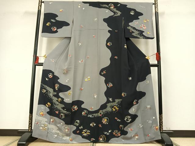 平和屋着物●訪問着　絞り　刺繍　草花文　金糸　正絹　逸品　AABD0550fy