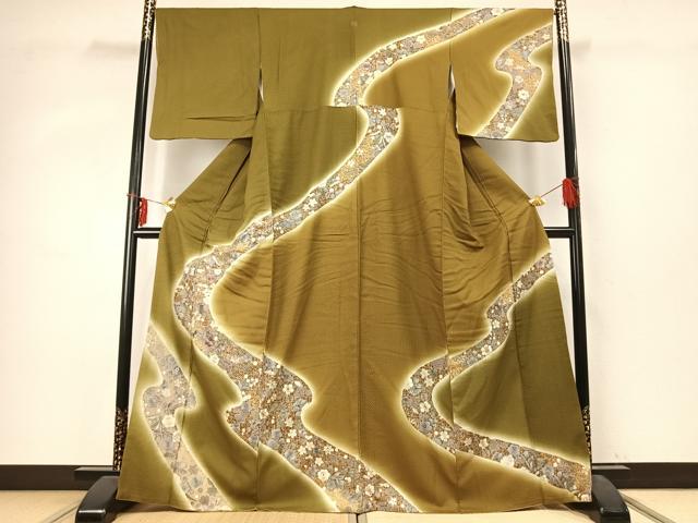 平和屋着物●訪問着　刺繍　流水草花文　暈し染め　金糸　正絹　逸品　AABD0578fy