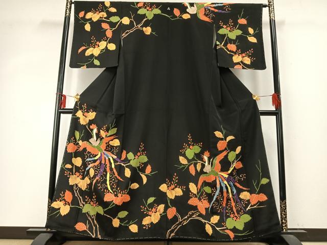 平和屋着物●訪問着　花鳥文　黒地　金彩　正絹　逸品　未使用　AABD0625fy