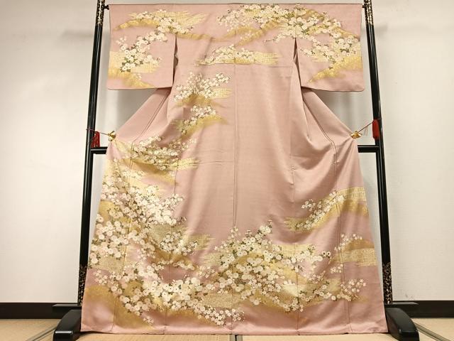 平和屋着物●訪問着　駒刺繍　草花文　金彩　ロング丈　正絹　逸品　AABD0656fy