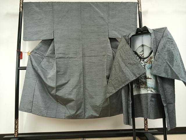 平和屋着物●男性　紬　アンサンブル　霞文　正絹　逸品　AABD0664fy