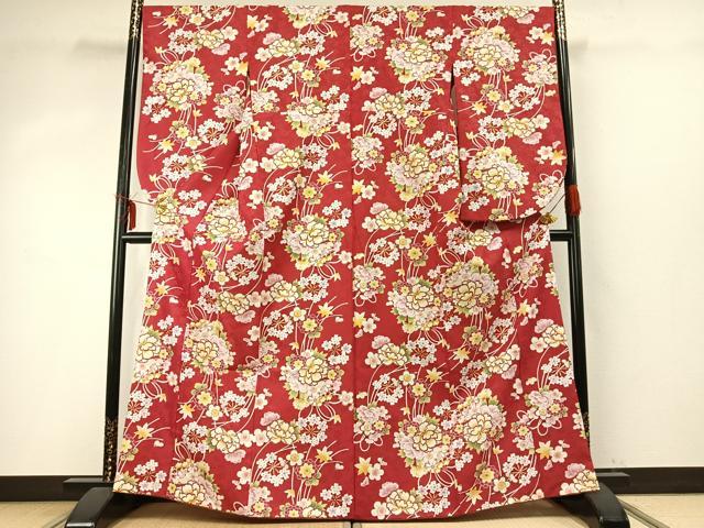 平和屋着物●小振袖　二尺袖　草花文　金彩　洗える着物　AABD0685fy