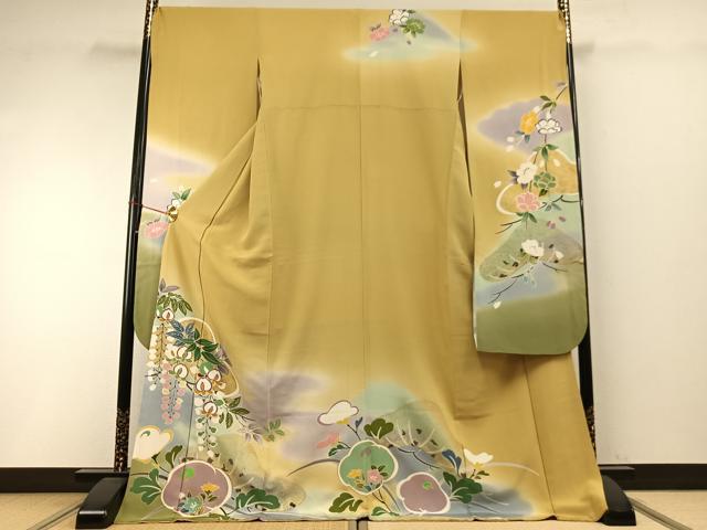 平和屋着物●豪華振袖　友禅　草花文　暈し染め　金彩　ロング丈　正絹　逸品　AABD0719fy