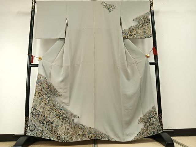 平和屋着物●訪問着　総刺繍　花鳥文　暈し染め　金糸　正絹　逸品　AABD0733fy