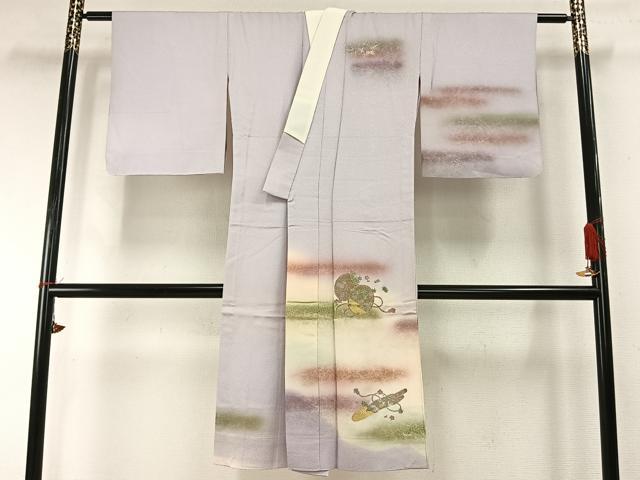 平和屋着物●長襦袢　単衣　鼓　花鳥文　暈し染め　金銀彩　正絹　逸品　AABD0734fy