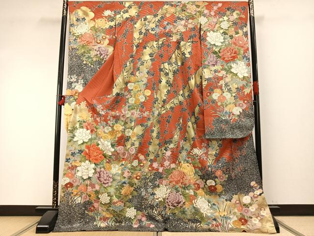 平和屋着物●豪華振袖　駒刺繍　草花文　金彩　正絹　逸品　AABD0742fy