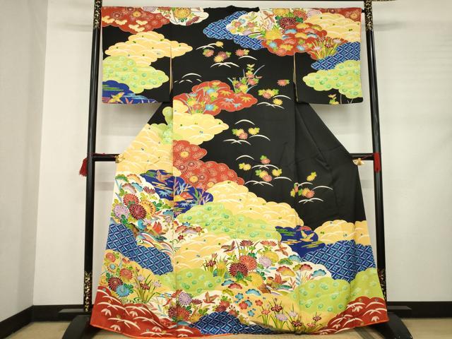 平和屋着物●訪問着　型染め　花鳥文　黒地　正絹　逸品　AABD0841ck