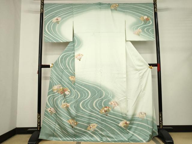 平和屋着物●訪問着　駒刺繍　流水扇面花文　暈し染め　正絹　逸品　AABD0864ck
