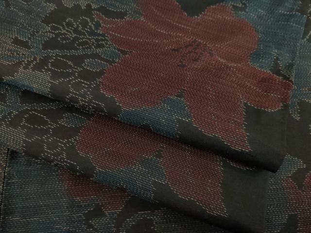 平和屋着物●本場大島紬　ユリ　百合　黒地　正絹　逸品　AABD0865ck