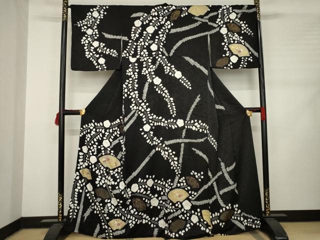 平和屋着物●訪問着　絞り　刺繍　扇面花文　黒地　金彩　正絹　逸品　AABD0902ck