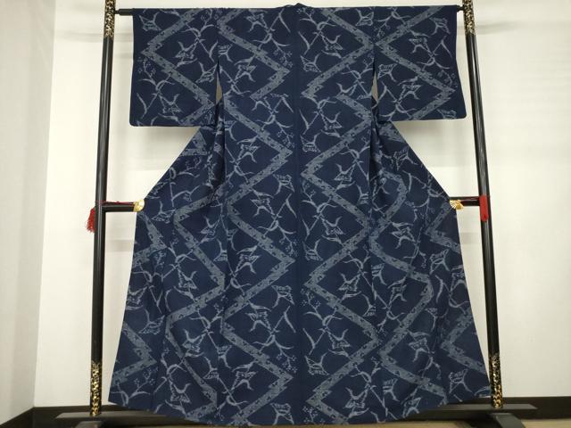 平和屋着物▽久留米絣　単衣　飛鶴文　綿　逸品　AABD0903ck