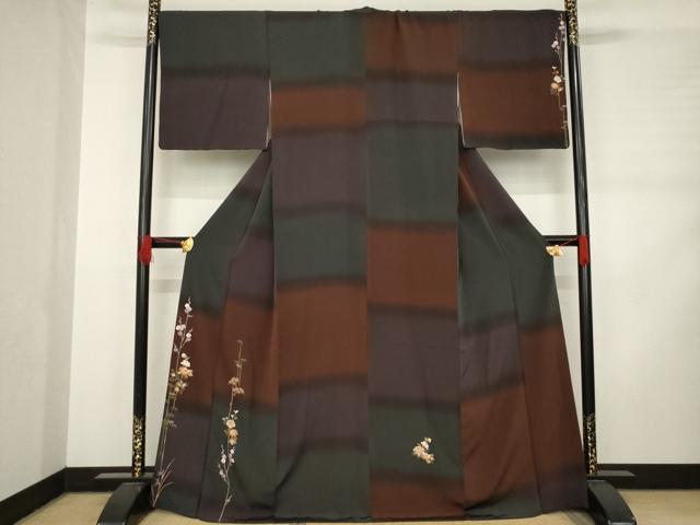 平和屋着物●訪問着　横段草花文　暈し染め　正絹　逸品　AABD0908ck