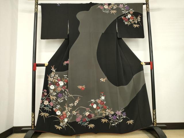 平和屋着物●訪問着　刺繍　草花文　黒地　正絹　逸品　AABD0914ck