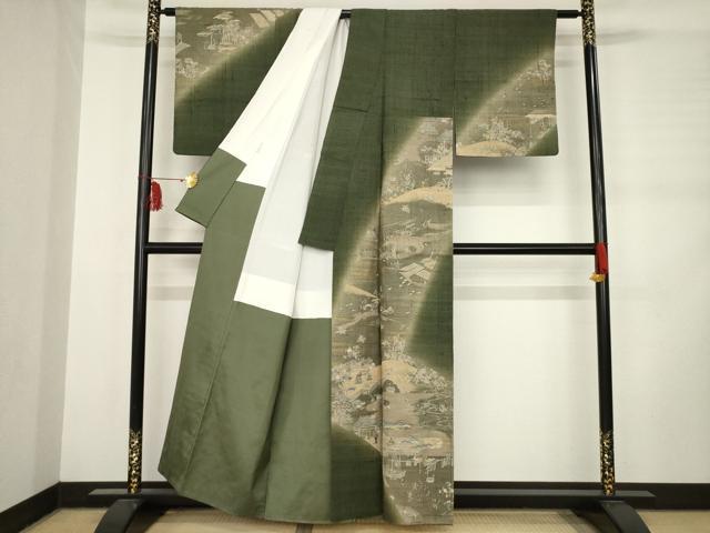 平和屋着物●染織の名門　しょうざん  生紬　訪問着　風景文　暈し染め　正絹　逸品　AABD0916ck 平和屋着物○染織の名門 しょうざん 生紬 訪問着 風景文 暈し