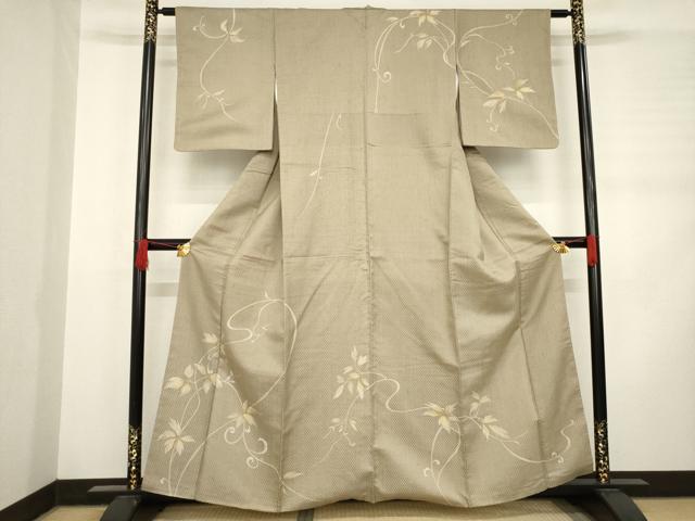 平和屋着物●訪問着　紬地　市松綾織　花蔦草文　正絹　逸品　AABD0923ck