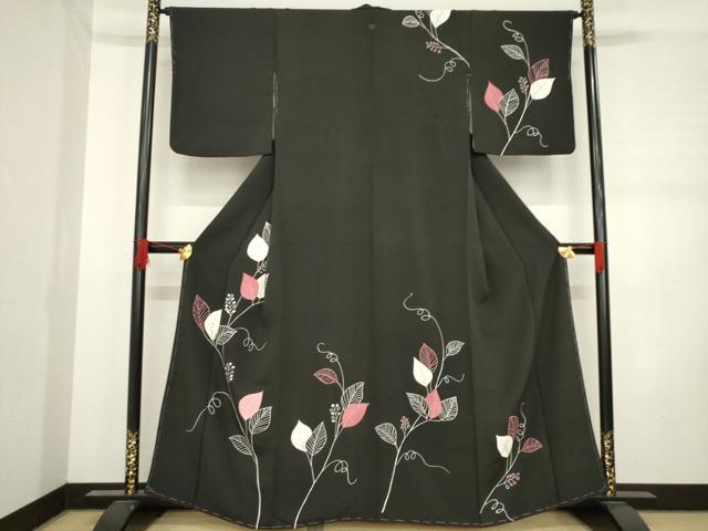 平和屋着物●訪問着　南天文　黒地　正絹　逸品　未使用　AABD0928ck