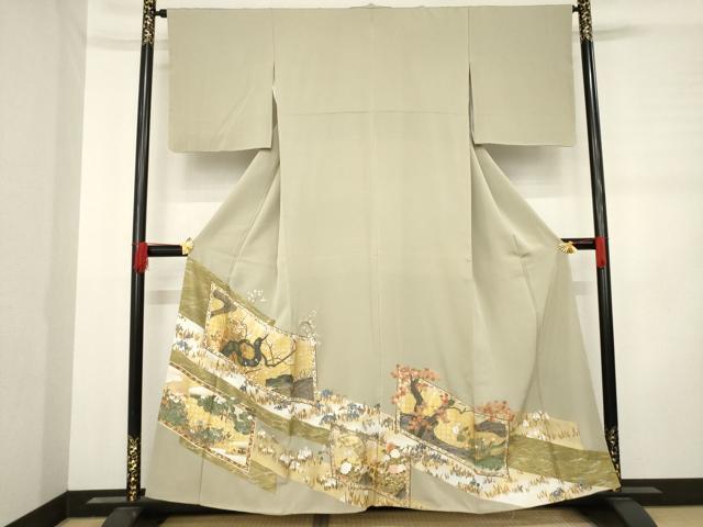 平和屋着物●豪華色留袖　総刺繍　屏風花文　金糸　金彩　正絹　逸品　AABD0930ck