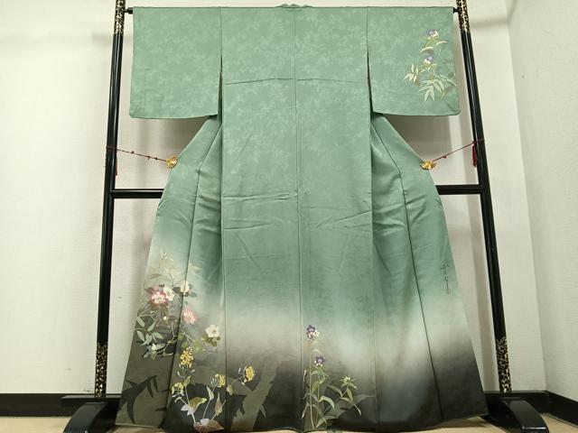 平和屋着物●二代目清次郎　手描き　訪問着　手描き　枝花文　暈し染め　正絹　逸品　AABD1017ph