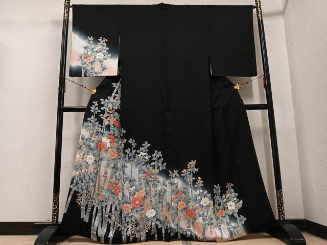 平和屋着物●訪問着　枝花文　暈し染め　黒地　正絹　逸品　AABD1020ph
