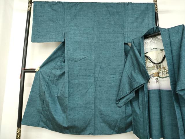 平和屋着物●男性　紬　アンサンブル　色無地　錆鉄納戸色　正絹　逸品　AABD1148ck