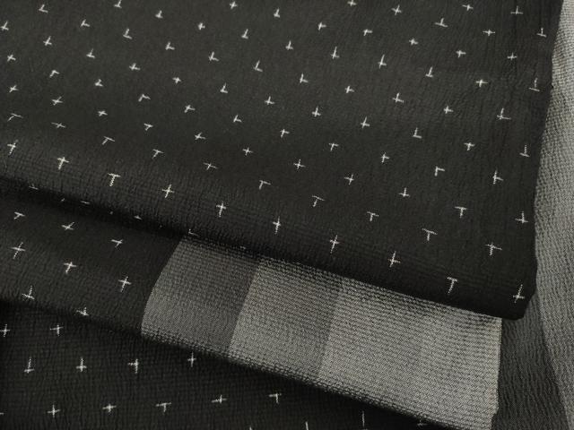 平和屋着物●お召　間道　十字絣　黒地　正絹　逸品　AABD1151ck