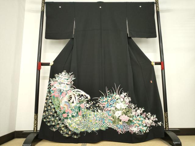 平和屋着物●豪華黒留袖　友禅　作家物　花鳥文　正絹　逸品　AABD1585ck