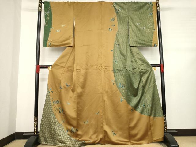 平和屋着物●染色作家　斉藤三才　訪問着　更紗花蝶文　金彩　正絹　逸品　AABD1612ck