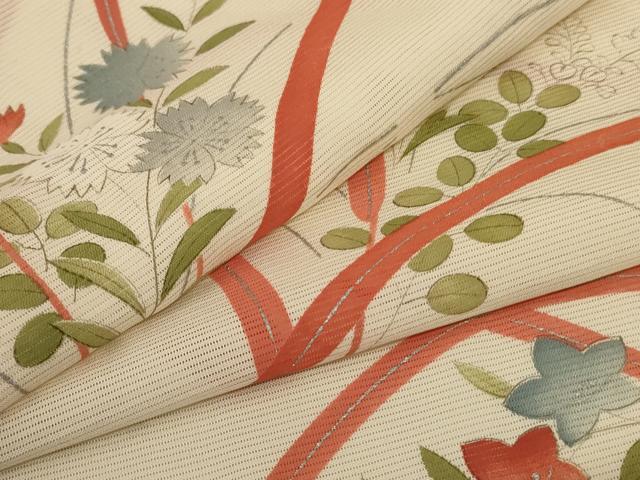 平和屋着物＊夏物　小紋　絽　手描き　草花文　銀彩　正絹　逸品　AABD3311jd