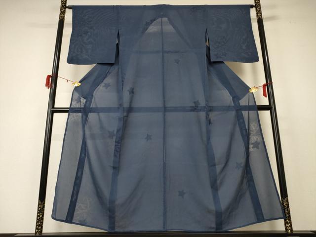 平和屋着物＊夏物　色無地　縦絽　草花紋紗　藍鉄色　正絹　逸品　AABD3313jd