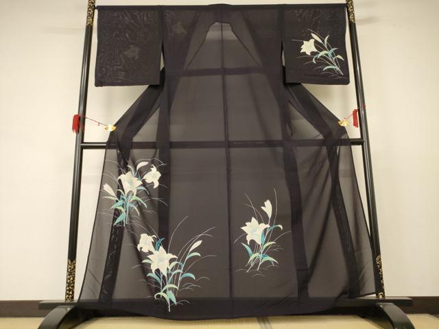 平和屋着物＊夏物　小紋　絽　草花文　銀彩　正絹　逸品　AABD3374jd