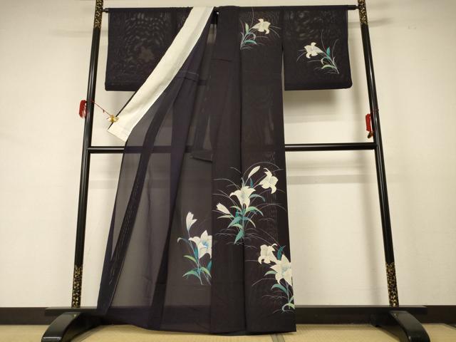 平和屋着物＊夏物　小紋　絽　草花文　銀彩　正絹　逸品　AABD3374jd_1