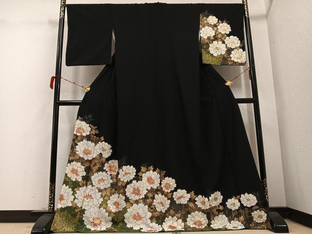 平和屋着物●訪問着　牡丹　黒地　金彩　ロング丈　正絹　逸品　AABD3410ph