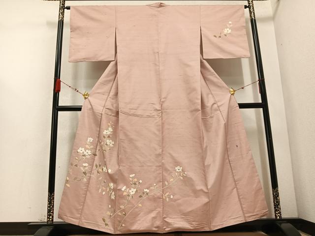 平和屋着物●訪問着　友禅作家物　紬地　枝花文　正絹　逸品　AABD3454ph