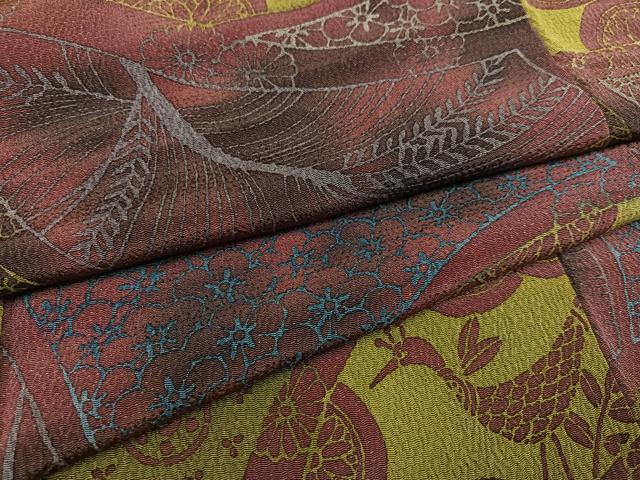 平和屋着物●上質な小紋　型染め　花鳥文　暈し染め　鬼しぼ縮緬　正絹　逸品　AABD3476ph